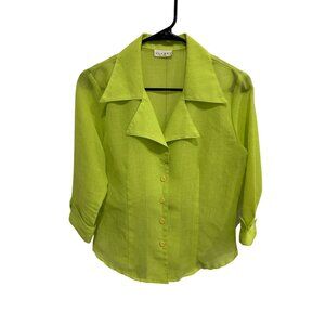 Klassy Womens Lime Button-Up Collared Blouse 3/4 Sleeve Lightweight Sheer Small